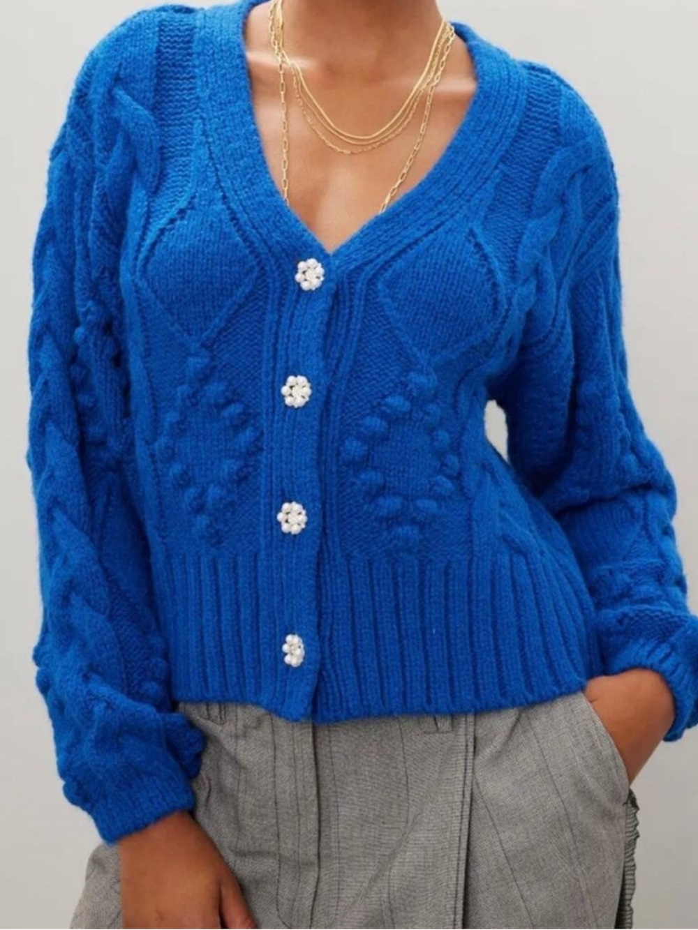 Slate and Willow Blue Cable-Knit V-Neck Button Cardigan Sweater Size Medium